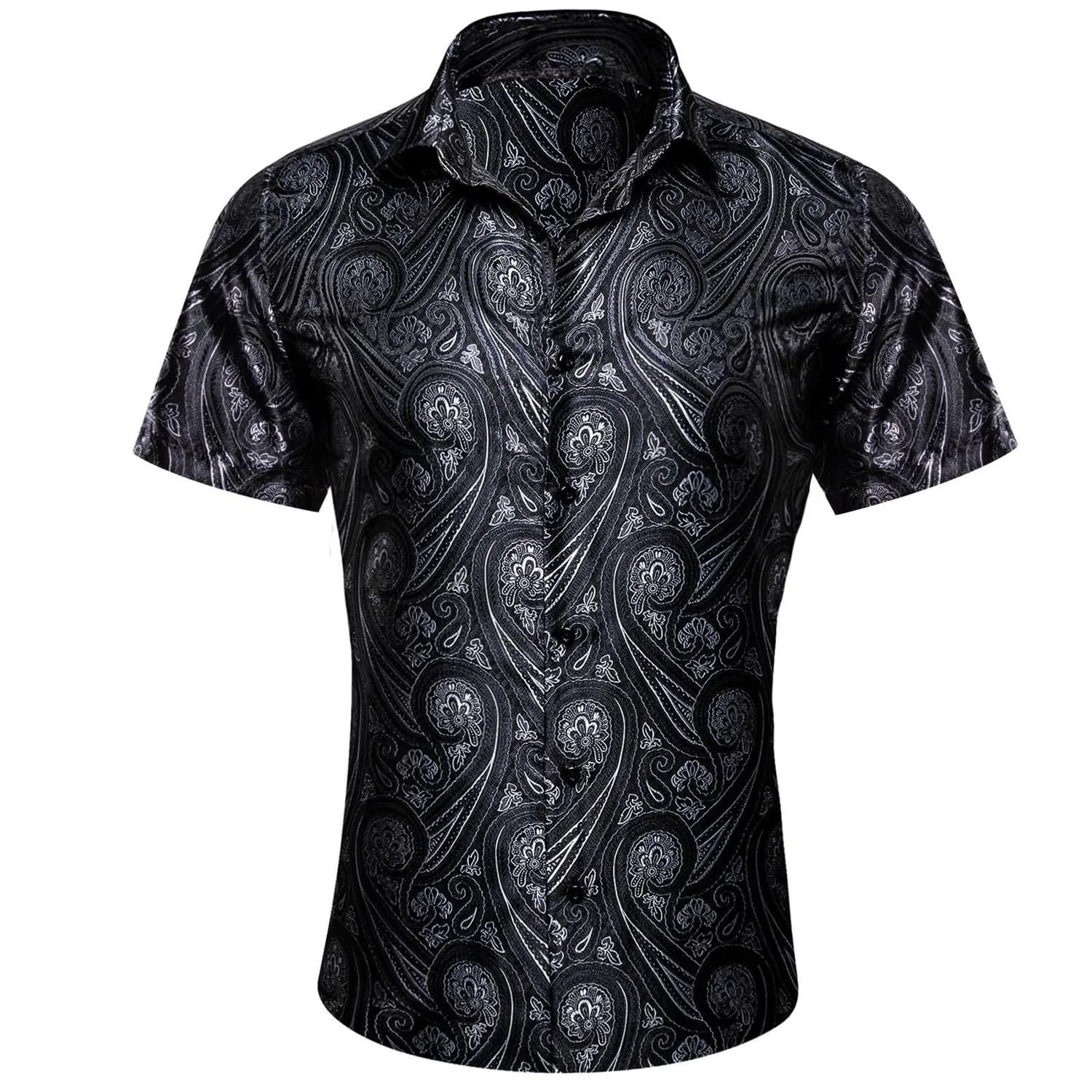Мужская рубашка с коротким рукавом с принтом Paisley Shiny Satin Baroque Design, Black