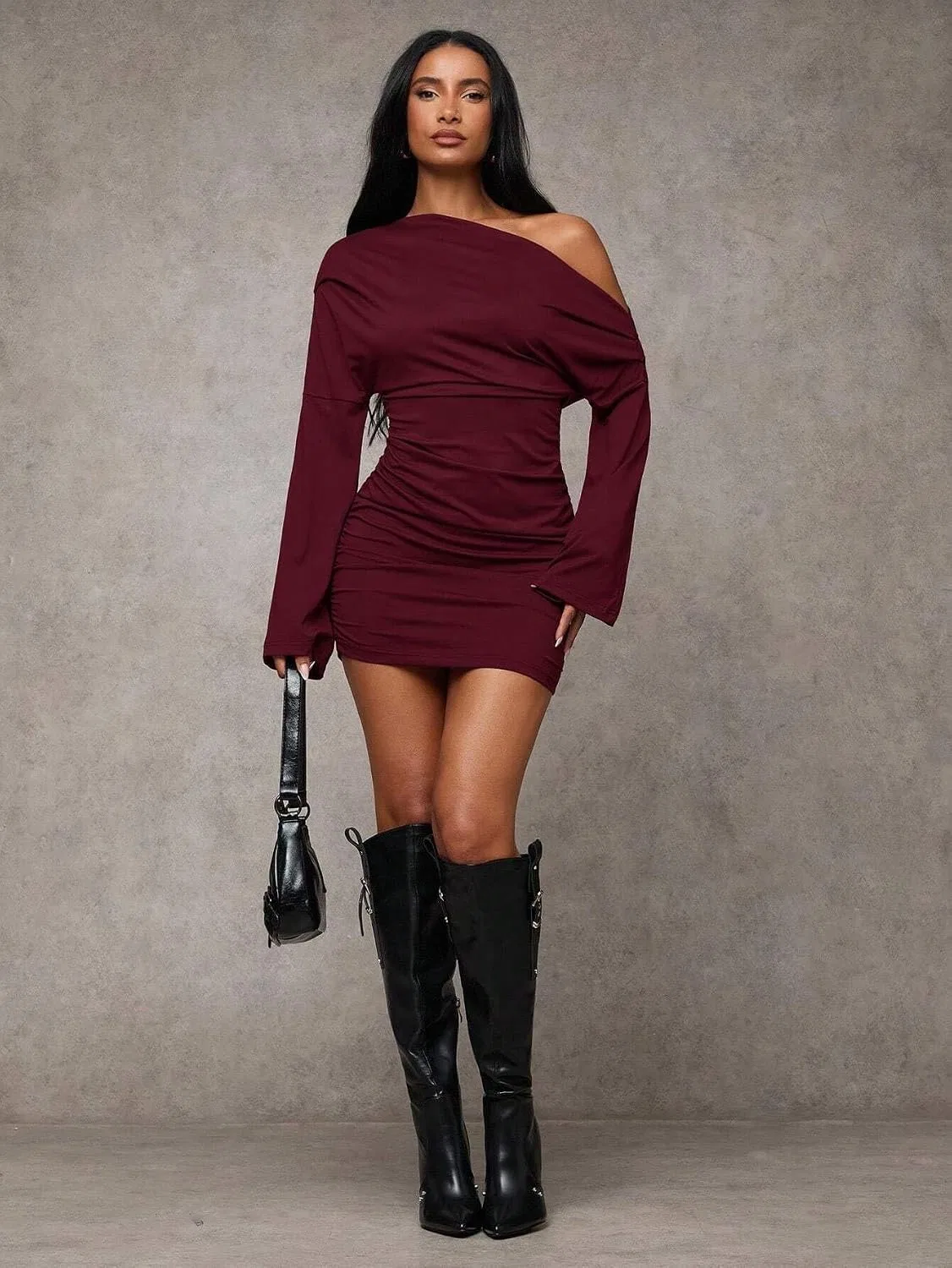 Женское облегающее мини-платье с длинным рукавом Casual, Burgundy — фото 4