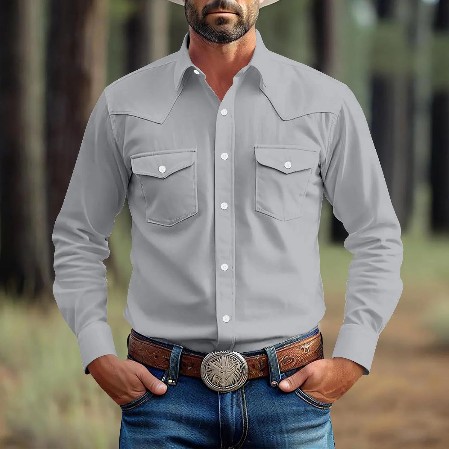 Мужская рубашка с длинным рукавом Western Cowboy Shirts, серый — фото 2