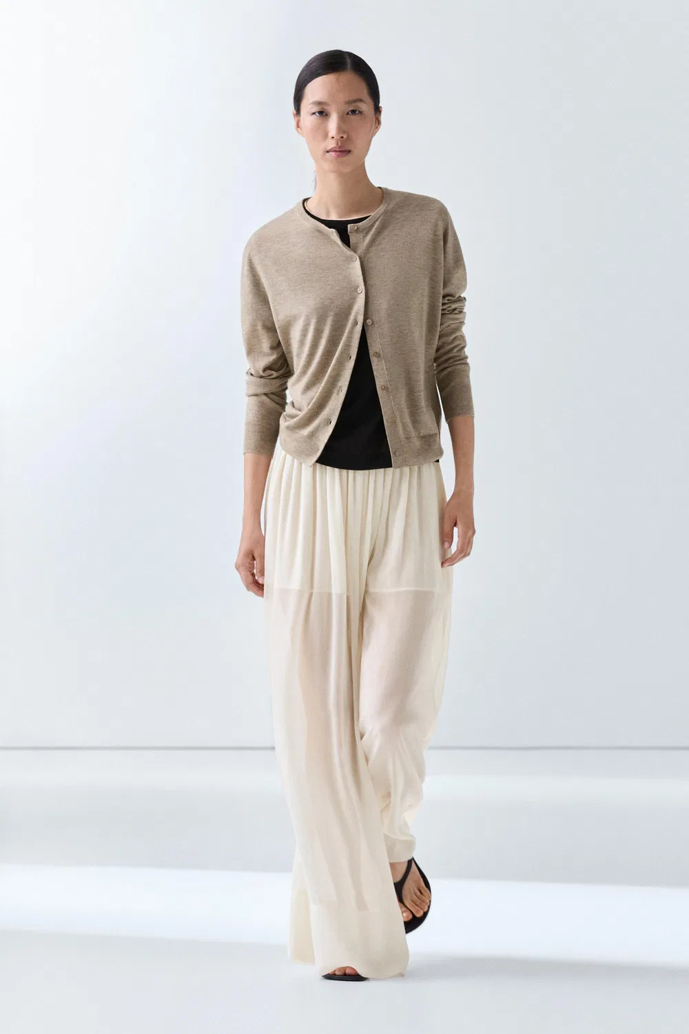 Кардиган Massimo Dutti Fine-Knit Round Neck, бежевый меланж — фото 3