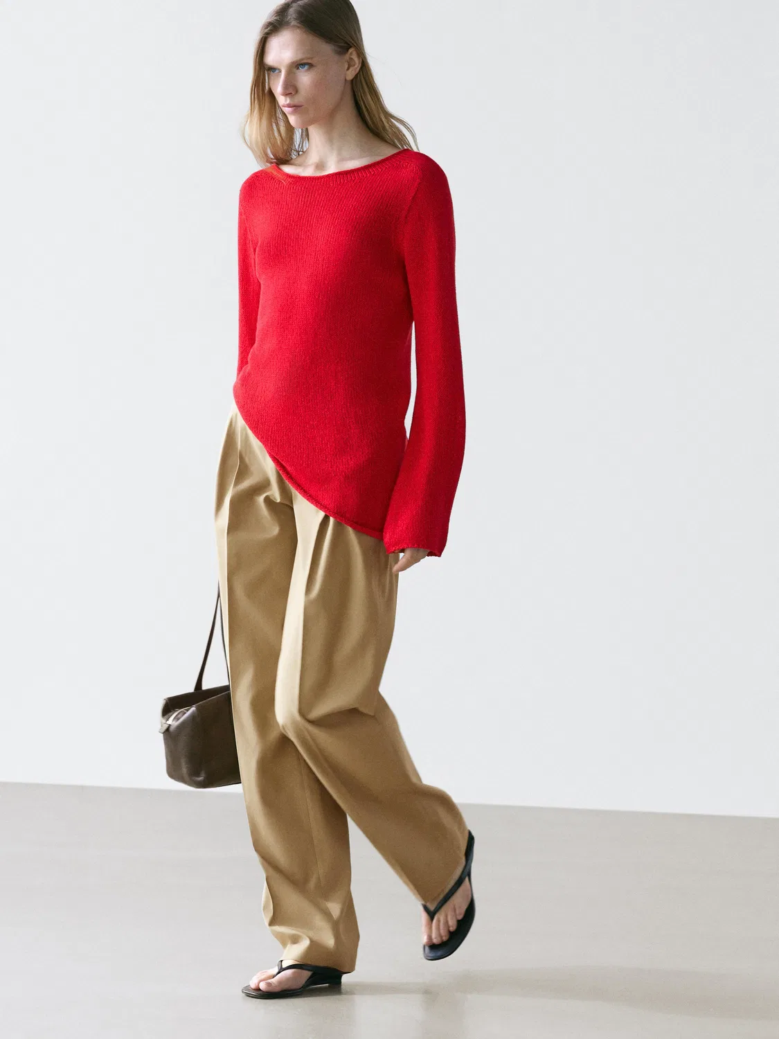 Брюки прямого кроя со складками Massimo Dutti, песочный коричневый — фото 4