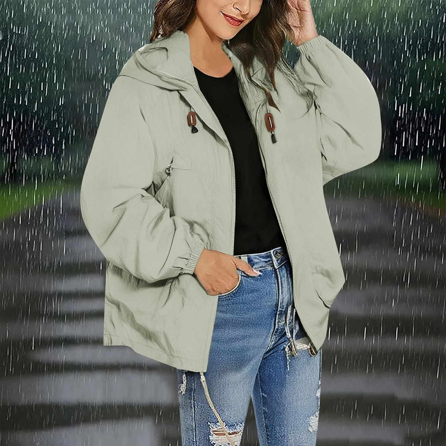 Женская ветровка с капюшоном, легкая, на молнии, Oversize, green — фото 2