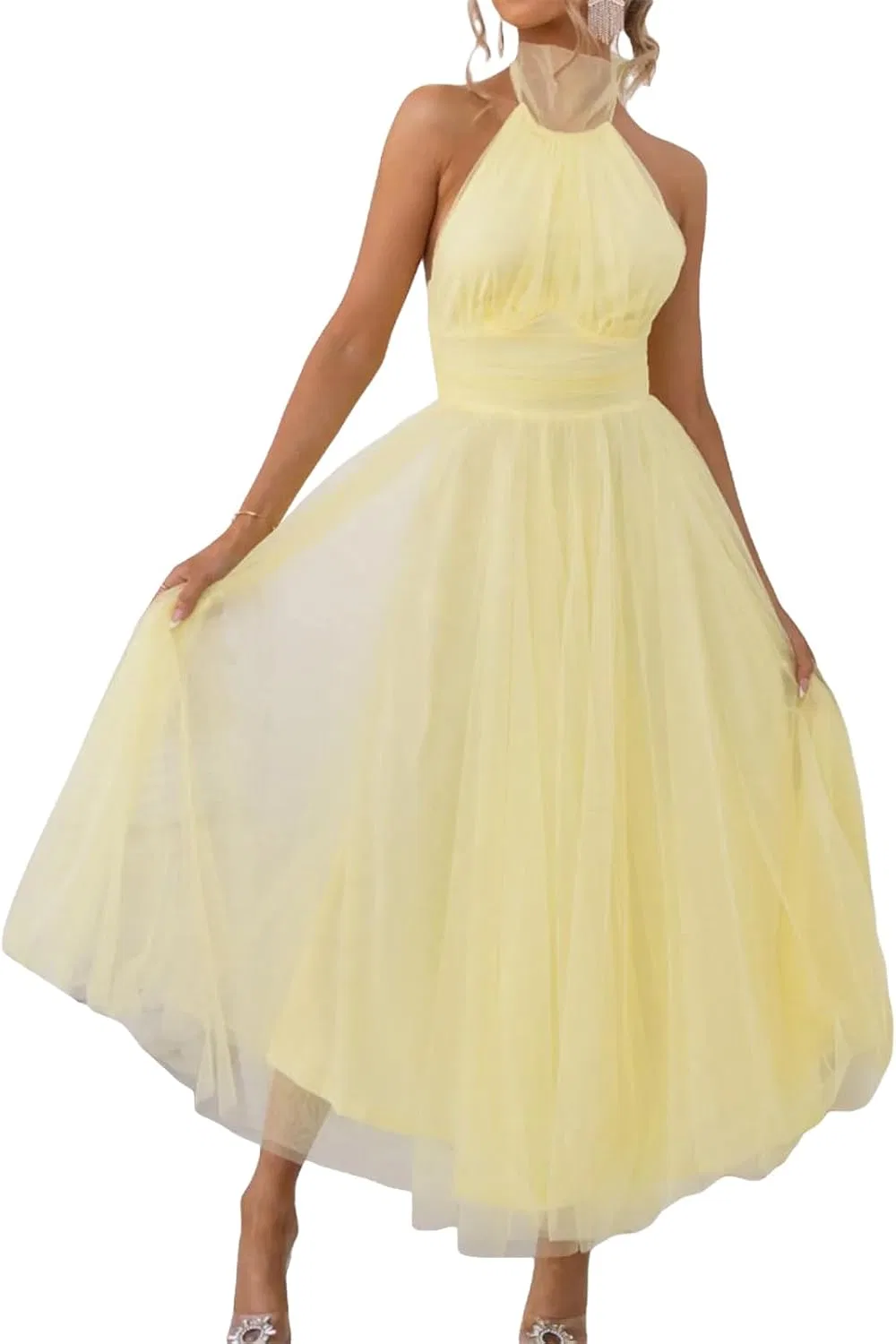 Женское вечернее платье макси с открытой спиной Halter Neck Tulle, Yellow