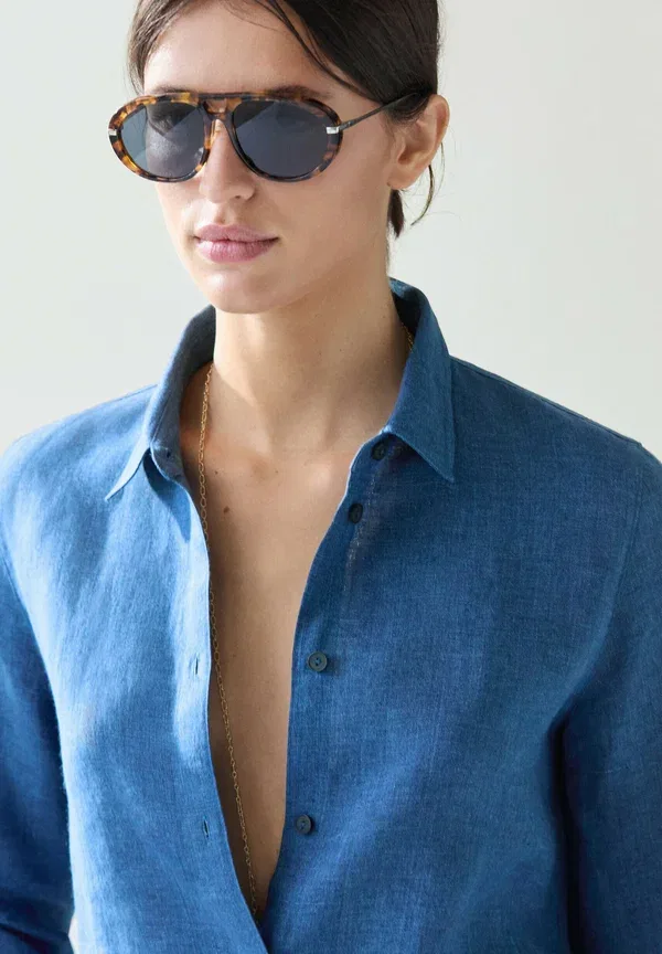 Блузка из льна, Button-down blouse, Massimo Dutti, синий — фото 3