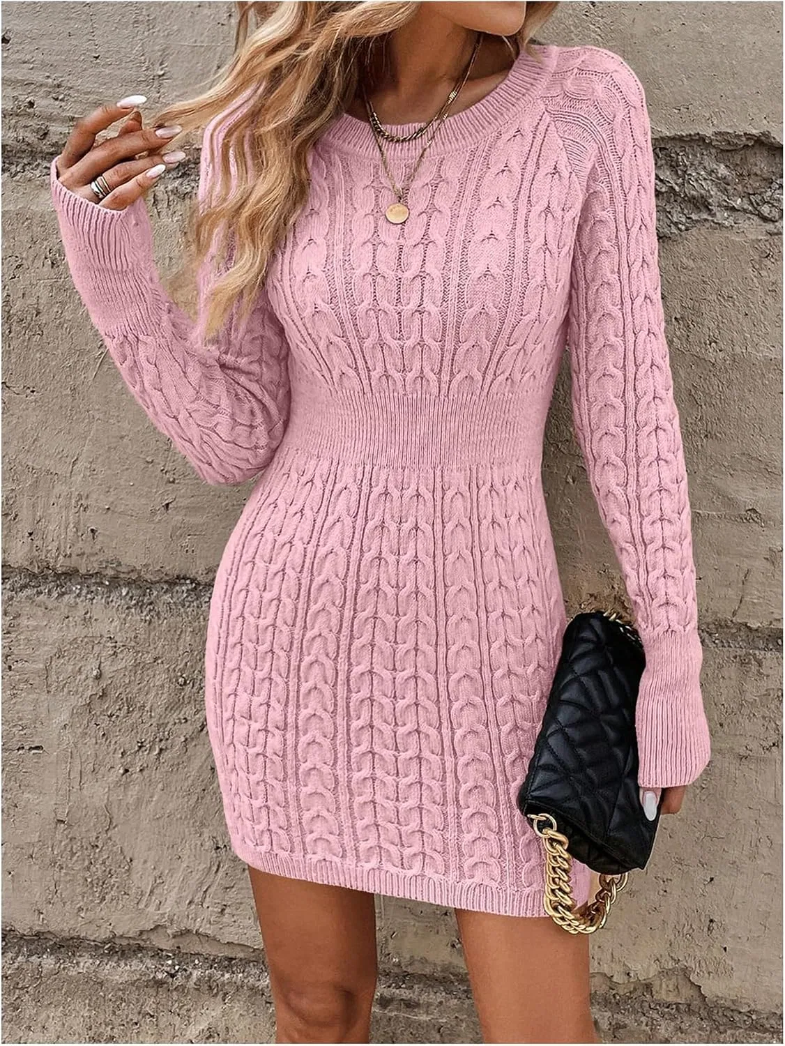 Женское облегающее платье с кабельной вязкой, Pink — фото 3