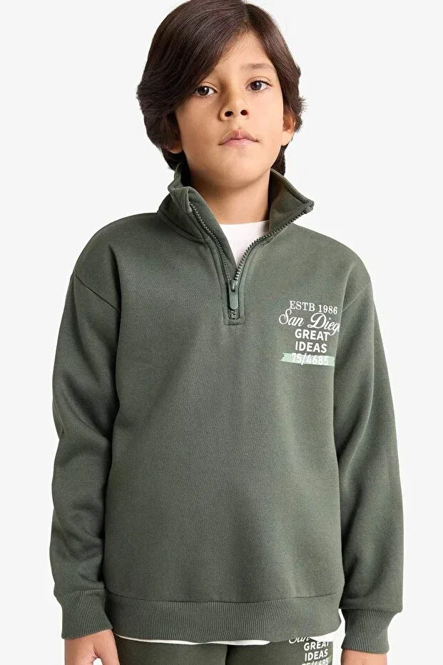Детские свитшот для мальчиков с принтом Half Zipper Soft Fleece Inside Printed Sweatshirt Boys E9600A825AU Defacto, Khaki