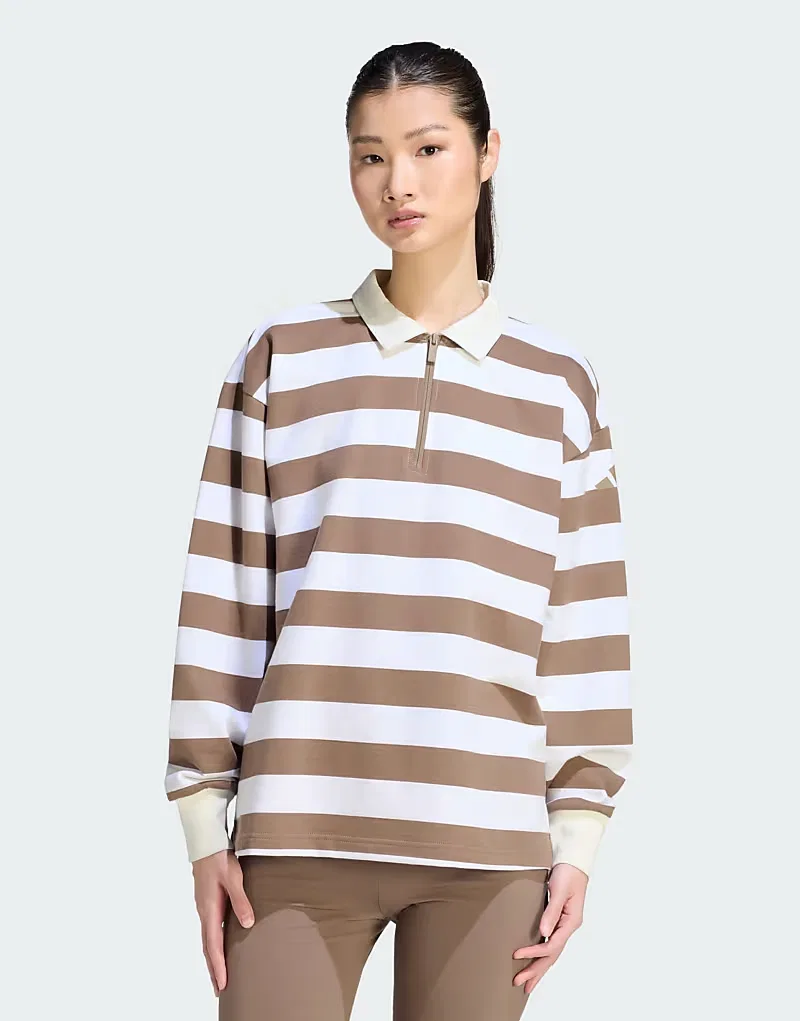 Поло Adidas Sportswear Essentials в современном стиле из французского махрового трикотажа с длинными рукавами, хаки/белый