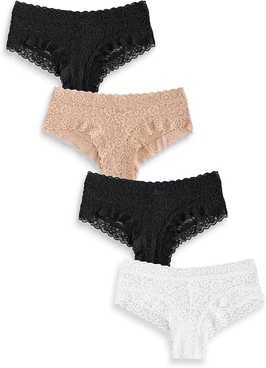 Женские трусики-бикини Victoria's Secret Women's Lace Cheeky Underwear, 4 штуки, бежевый/белый/черный