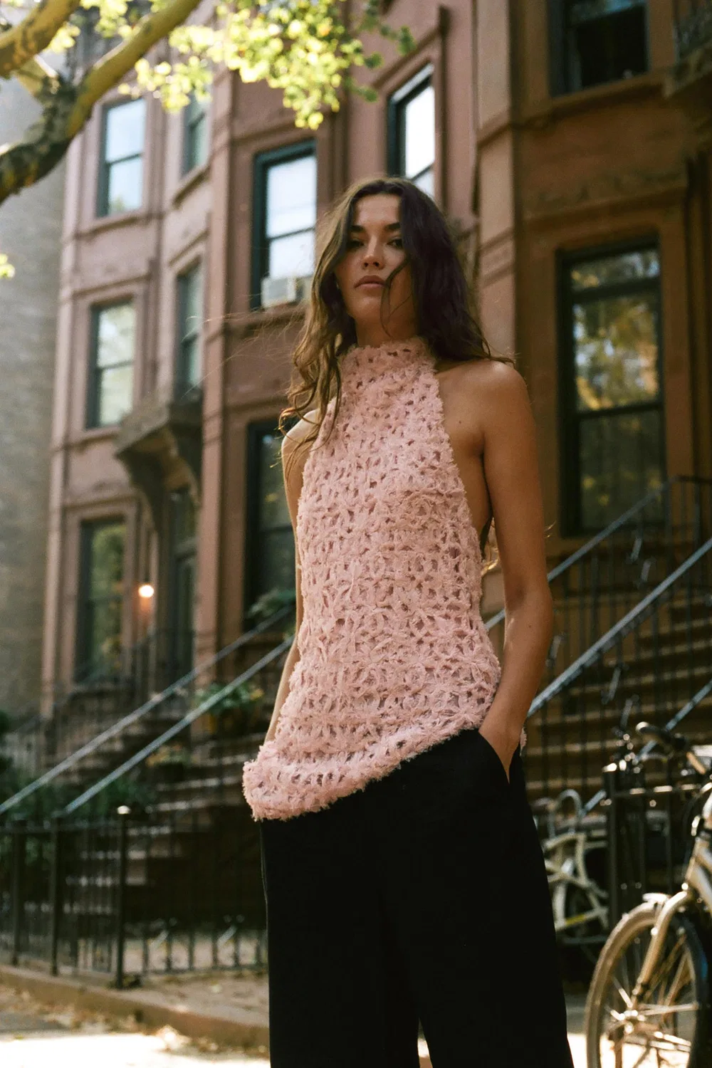 Асимметричный топ с завязками на шее ZARA, White/Pink — фото 4