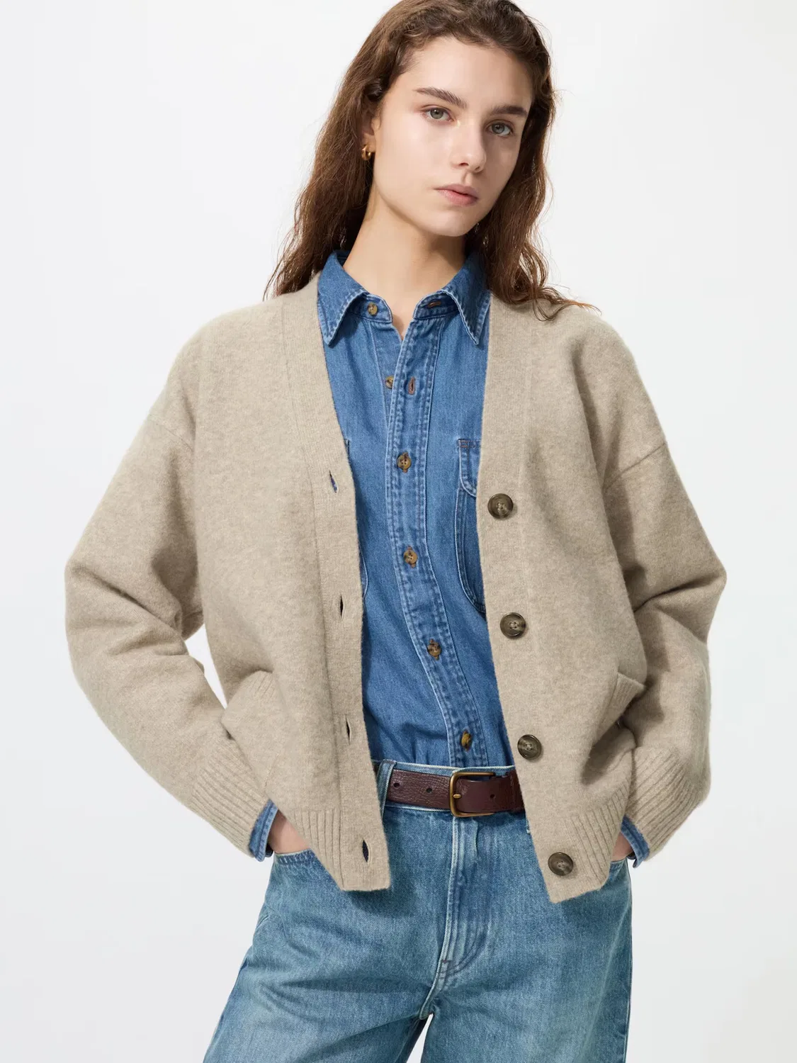 Кардиган Uniqlo, свободный, бежевый