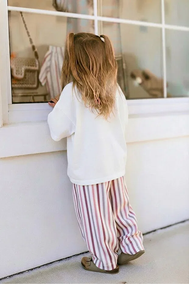 Детские брюки-багги для девочек хлопковые Elibaby, Burgundy Stripes — фото 3