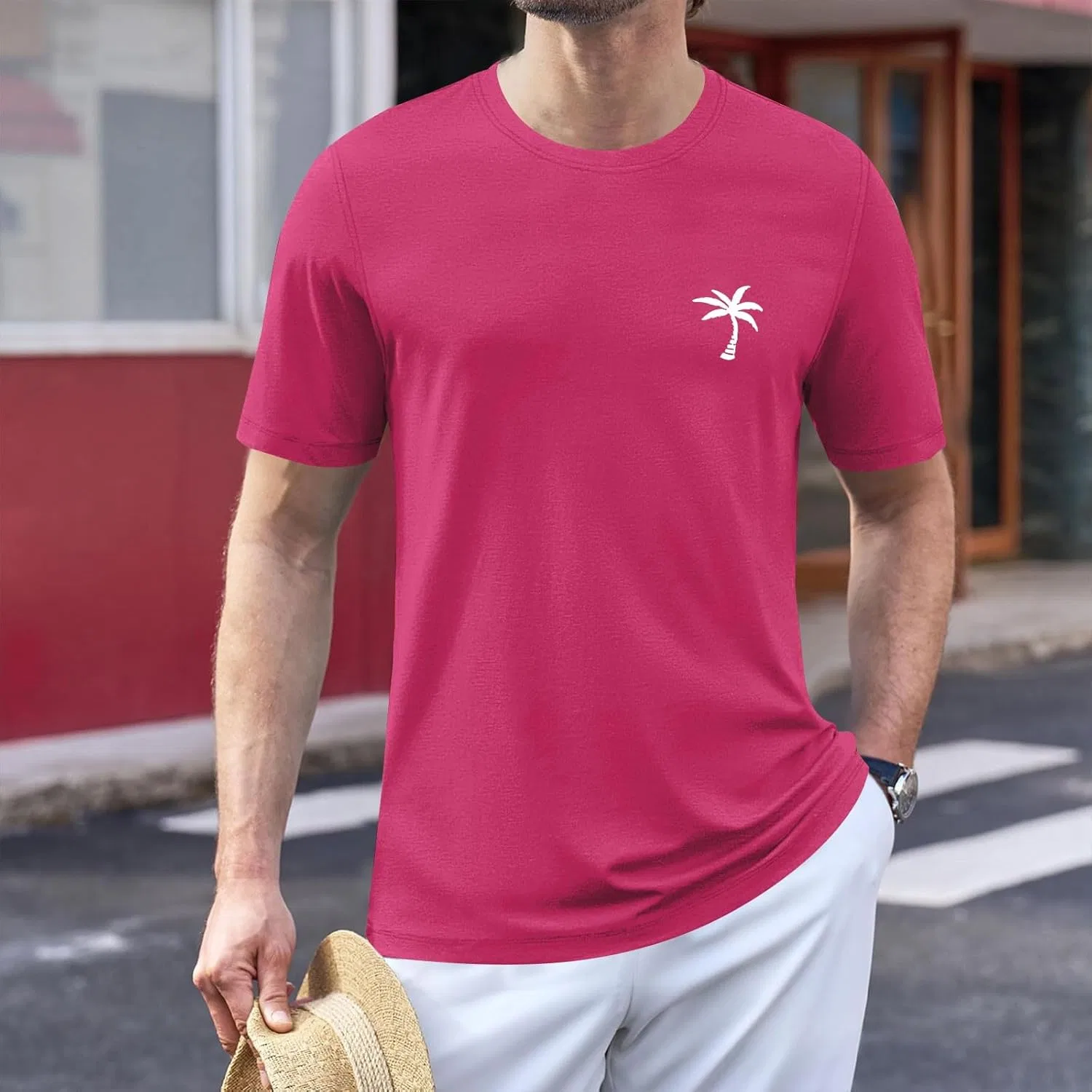 Мужская футболка с принтом пальмы, Lightweight Casual, Hot Pink — фото 3