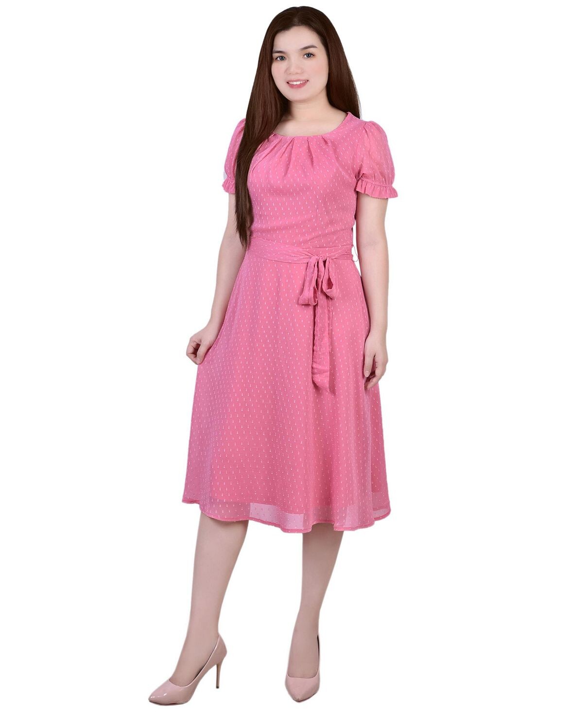 

Миниатюрное платье в горошек с поясом и короткими рукавами NY Collection, мульти