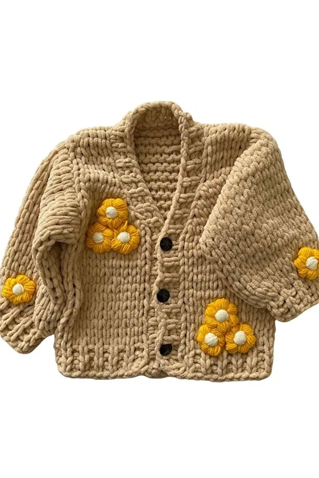 Детский кардиган для девочек с флористическим принтом Handmade thick knitted children's cardigan Oem, Beige — фото 4