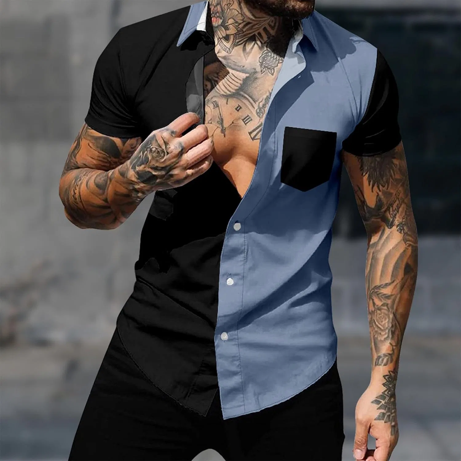 Мужская рубашка-поло с винтажным пэчворком, Summer Beach Shirts, Blue — фото 2