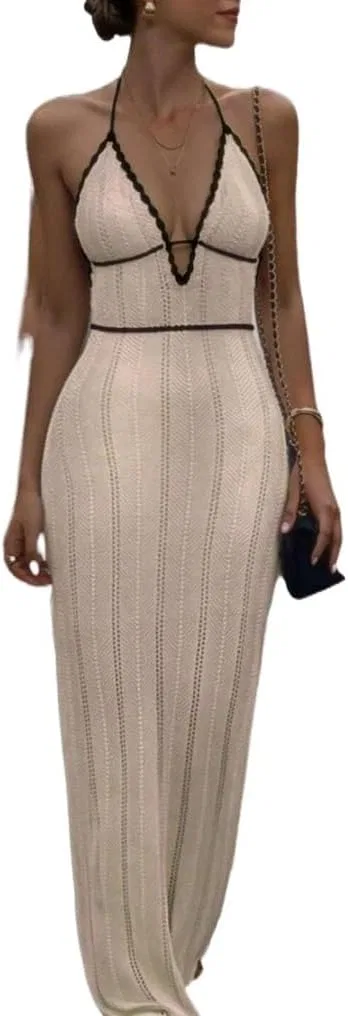 Женское вязаное платье с открытой спиной, Light Brown