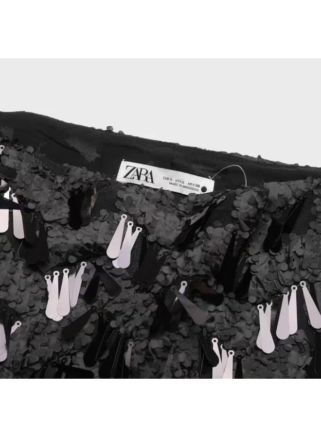 Юбка миди с разрезом на сетке с пайетками Zara, черный — фото 4