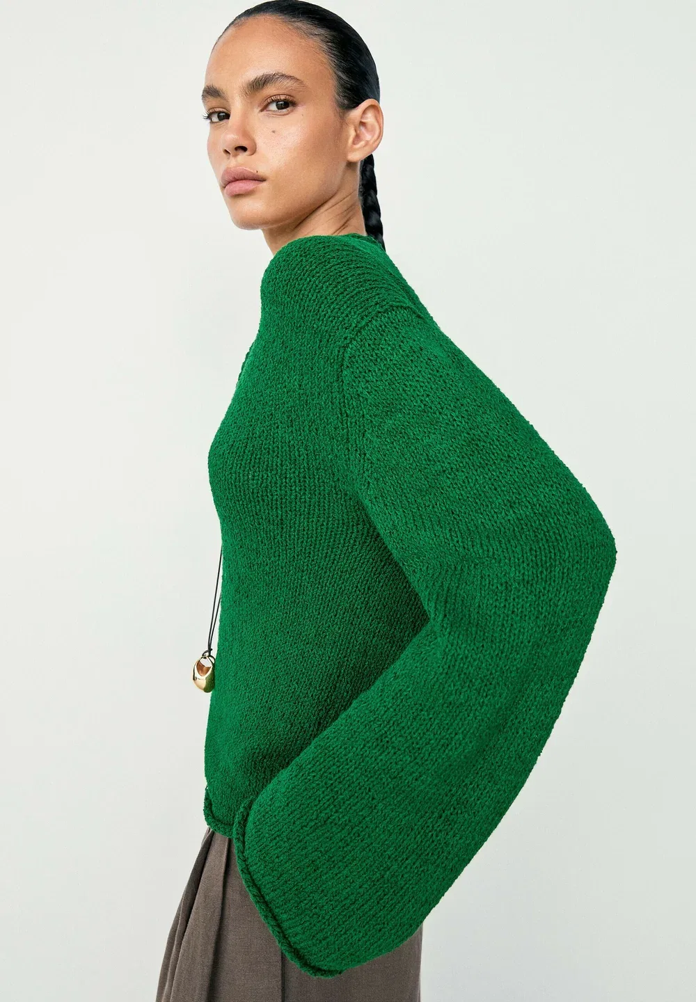 Вязаный свитер из смесовой хлопковой ткани Massimo Dutti, Mottled Dark Green — фото 3