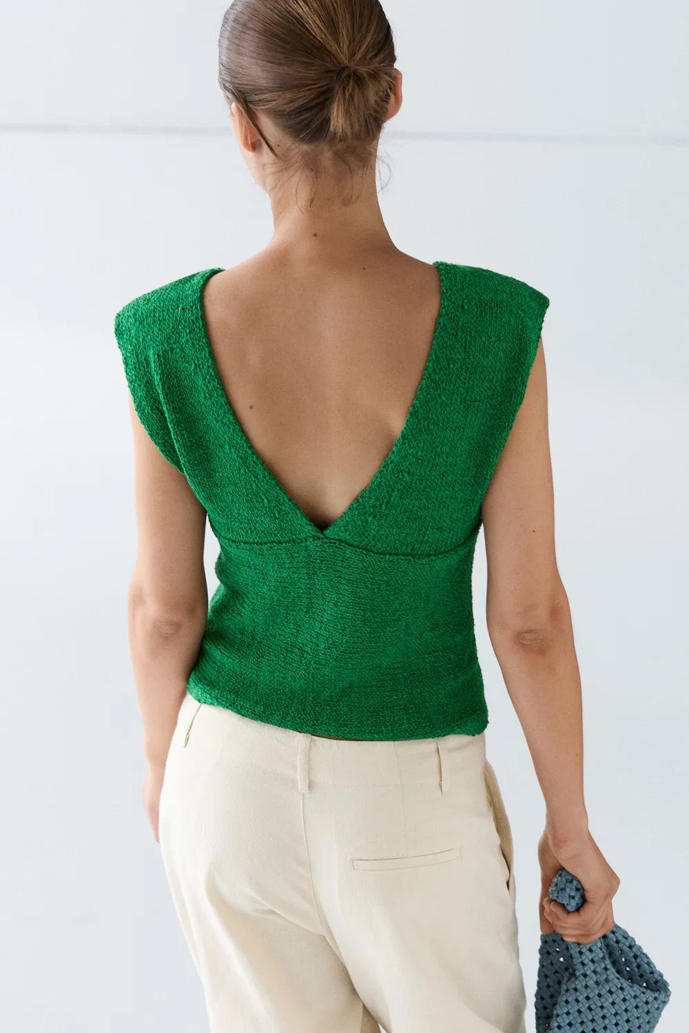 Топ Massimo Dutti Cotton Blend V-Neck Knit, зеленый — фото 4