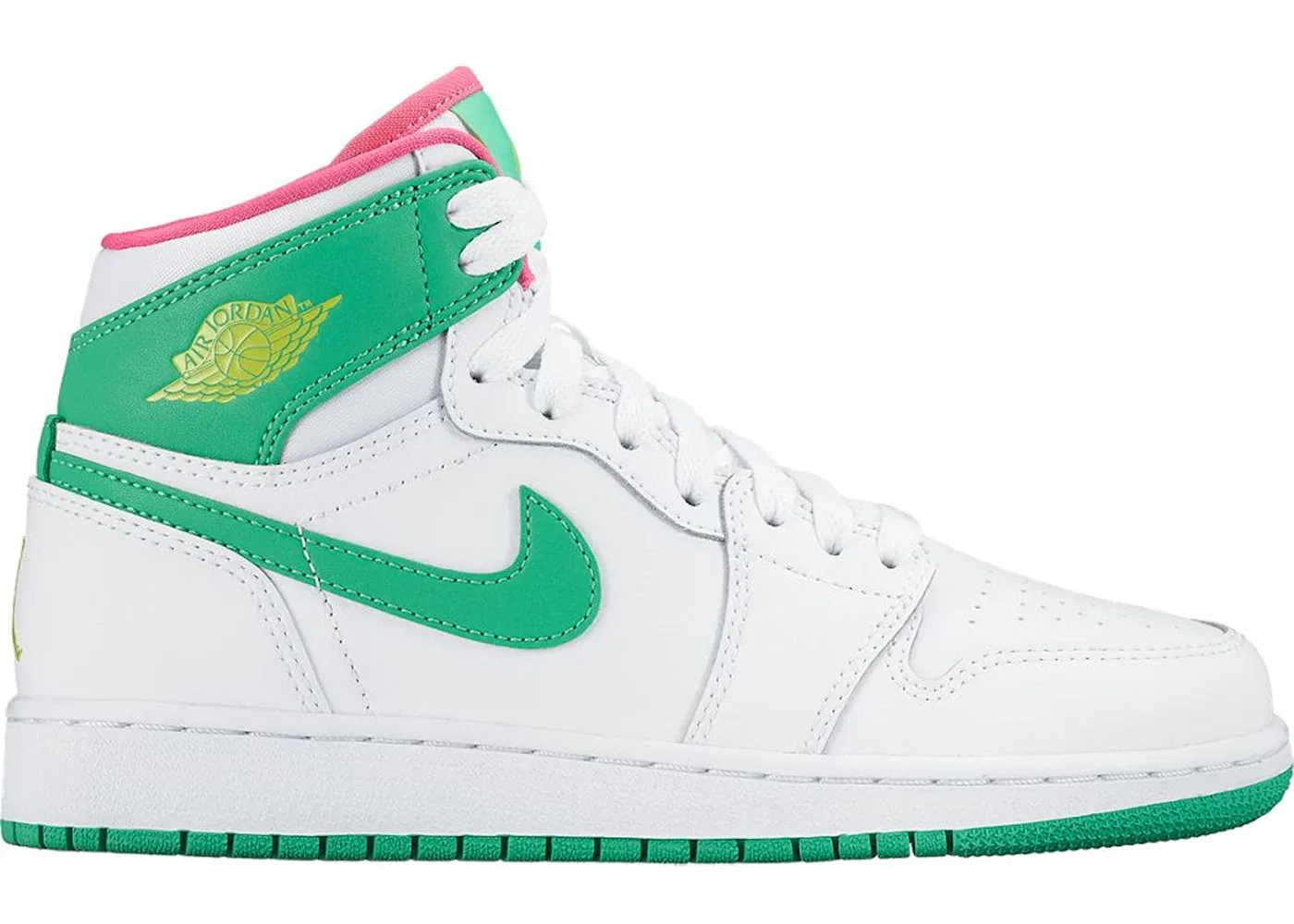 Детские кроссовки для мальчиков и девочек с высоким верхом Jordan 1 Retro High Jordan, White/Gamma Green-Vivid Pink-Cyber
