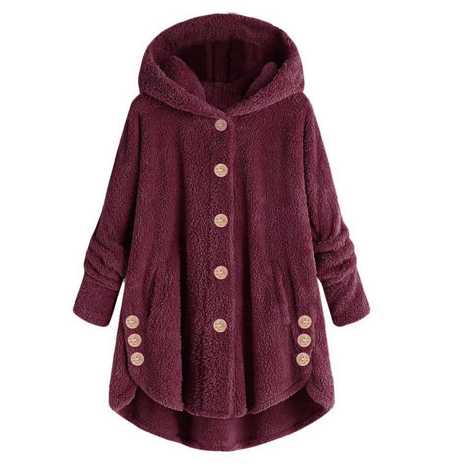 Женское утепленное пальто с капюшоном, с пуговицами и карманами, Plain Trench Coat, Rosso