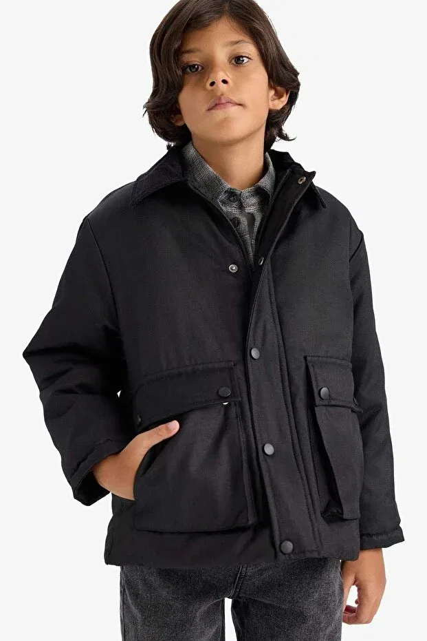 Детское пальто для мальчиков хлопковое Polo collar snap fastener coat Defacto, Black-Bk27 — фото 3