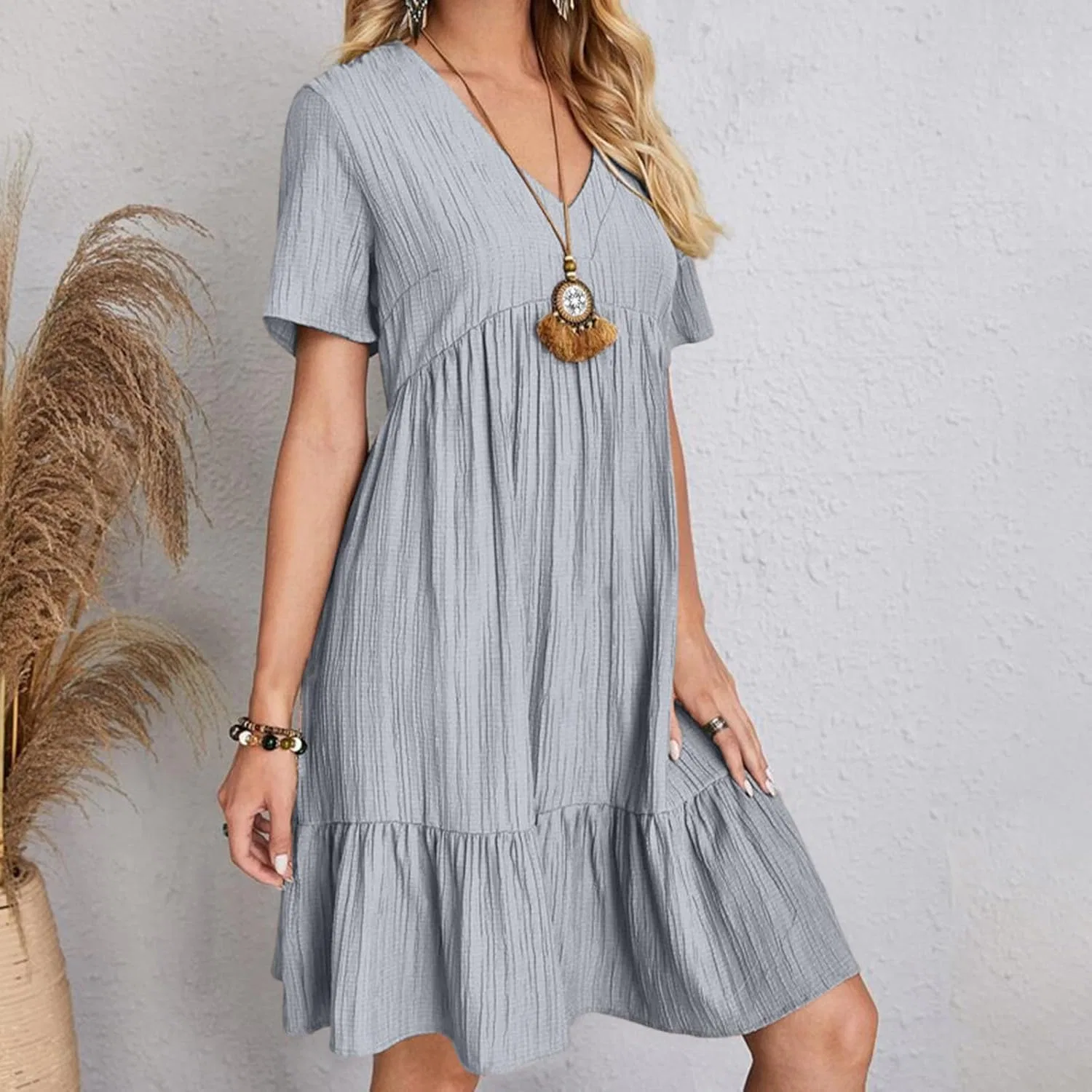 Женское повседневное платье с V-образным вырезом Casual, Light Gray — фото 4