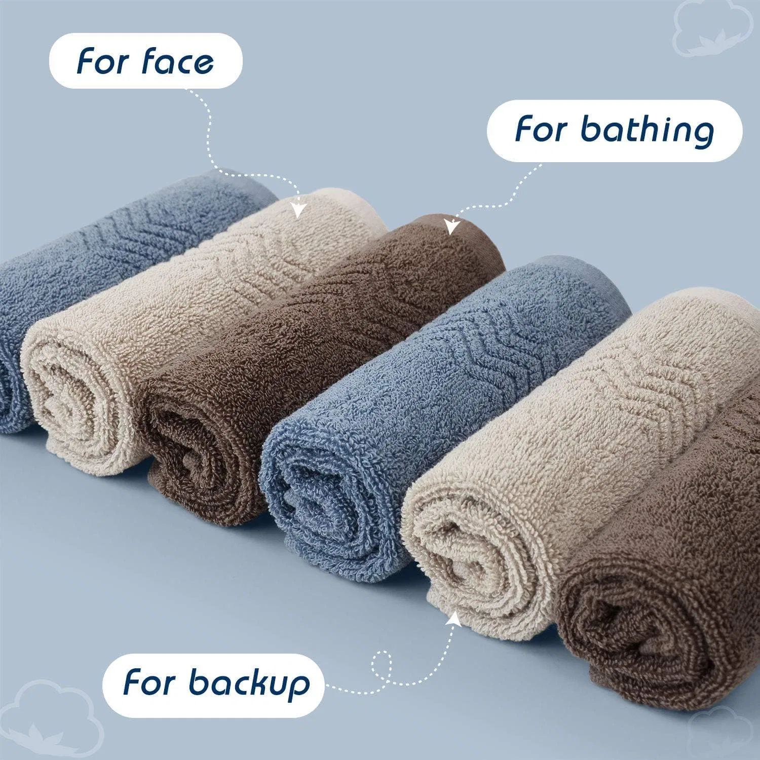 Мочалка Cleanbear, набор 6 шт., 33x33 см, хлопок, Light Blue, Brown, Khaki — фото 2