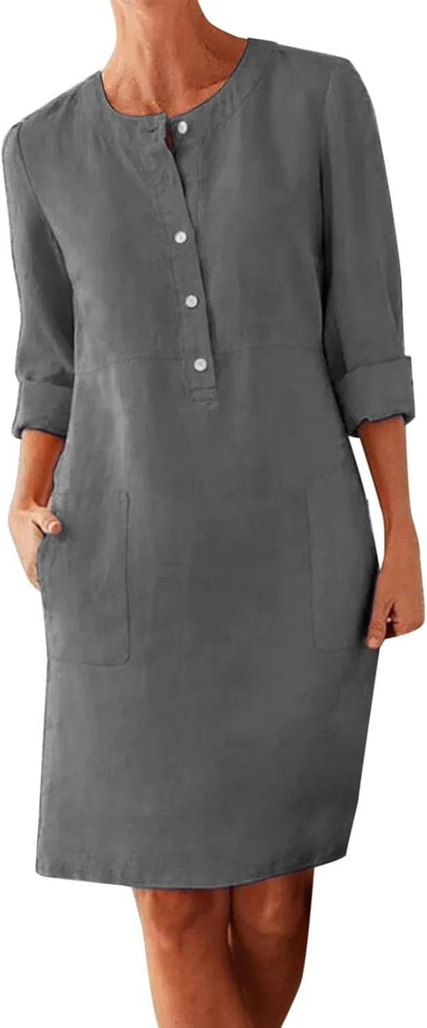 Женское платье из льна и хлопка с пуговицами, Round Neck, Grey