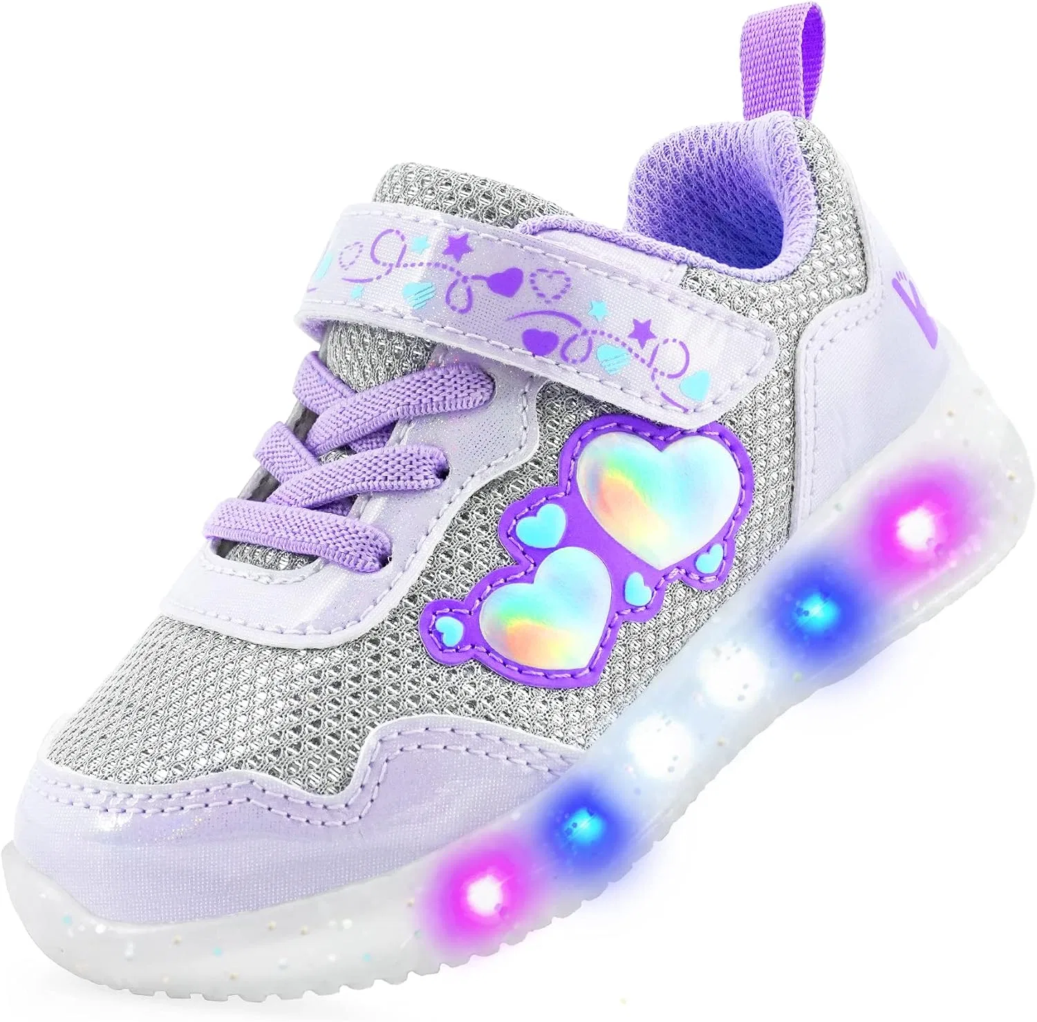 Детские кроссовки для девочек со светящейся подошвой YESKIS, Diva Heart Silver Light Up Shoes