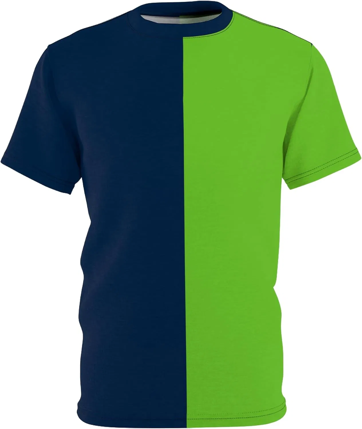 Женская футболка двухцветная Half Blue Half Neon Green, Black Stitching