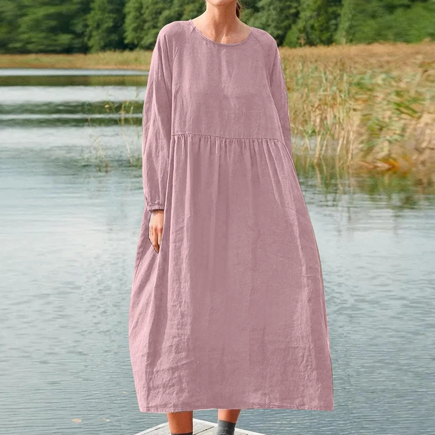 Женское платье-туника свободного кроя с длинным рукавом, Pink — фото 2