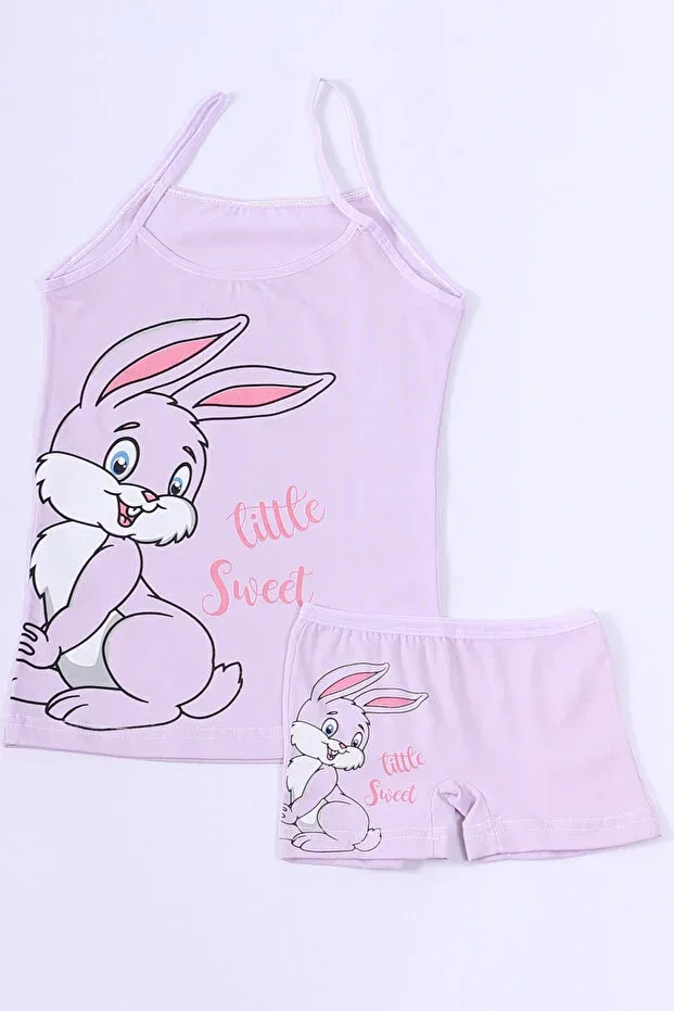 Детский комплект для девочек с принтом Rabbit Printed Rope Suspenders Shorts Set Dk Iç Giyim, Multicolor — фото 3