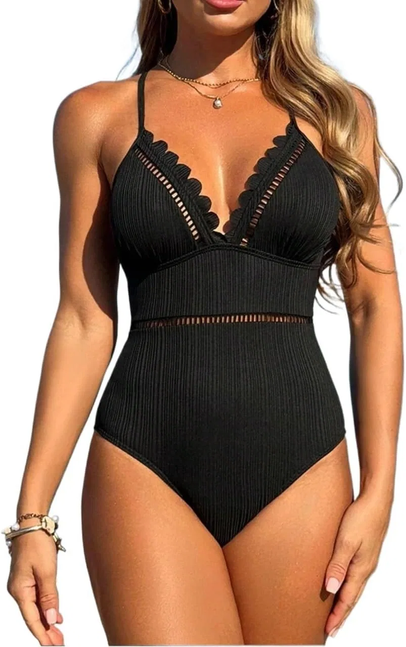 Женский цельный купальник с открытой спиной Rib Knit, Black
