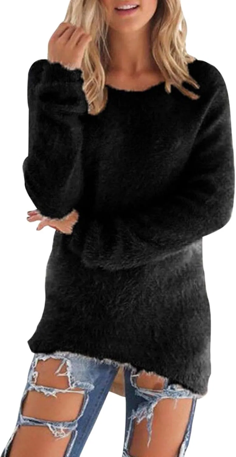 Женский пуловер из футера с длинным рукавом, модель Fuzzy Sweater Pullover, чёрный