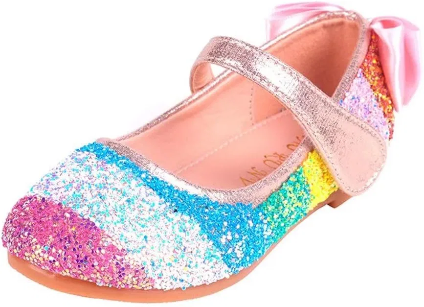 Детские туфли Мэри Джейн с пайетками и бантом Rainbow Sequined Bowknot TN TANGNEST, Rainbow Pink