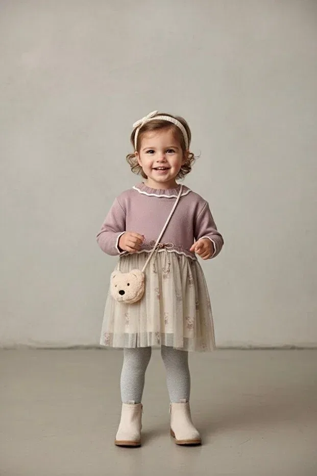 Детский комплект для девочек с принтом Organic teddy bear bag and tulle skirt Minigimin Cicileri, Mor-71011