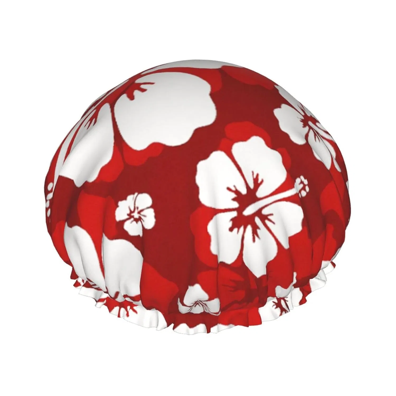 Двухслойная шапочка для душа с цветами, SMAZDFXX, ONE SIZE, Tropische rot-weiße Hibiskus-Blumen