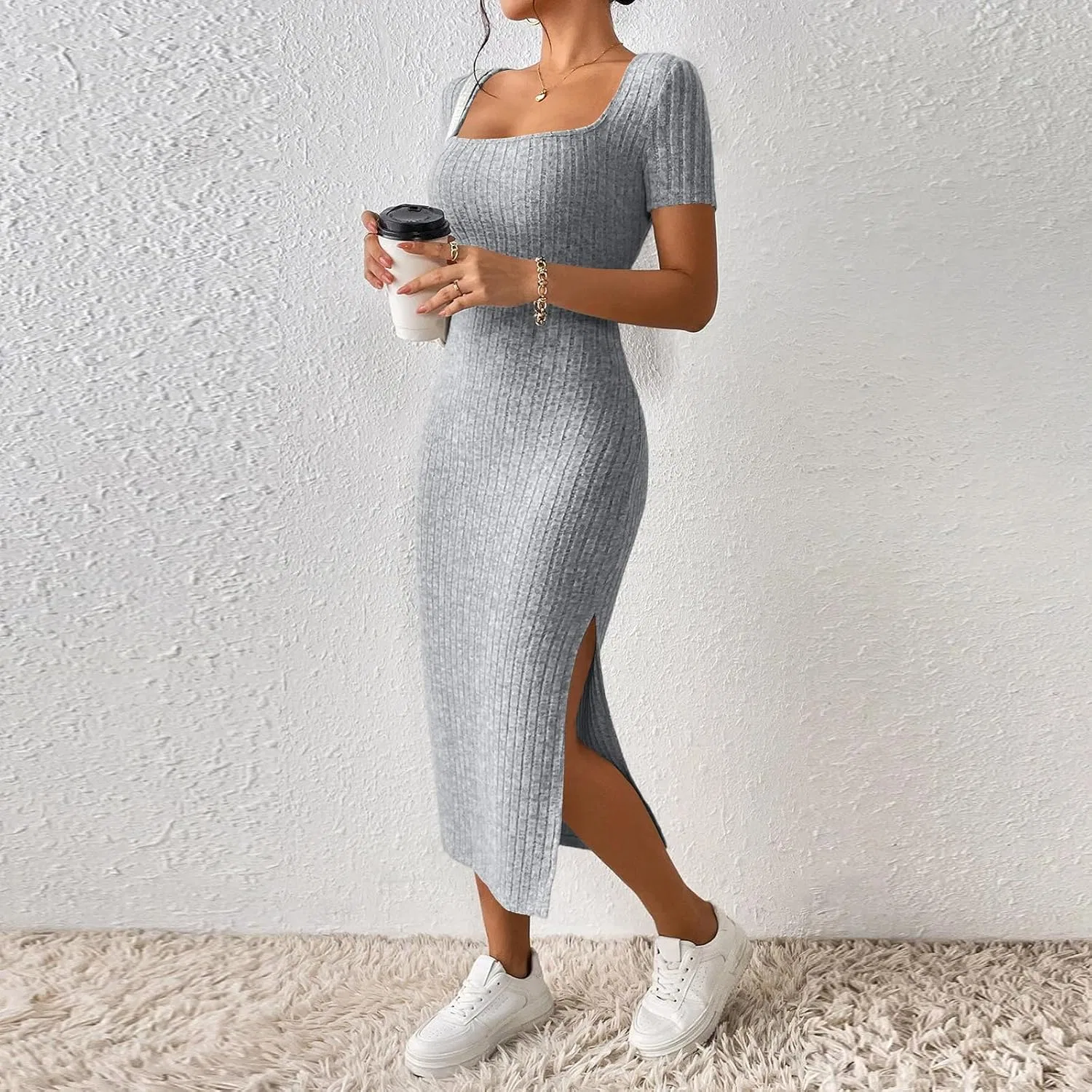Женское повседневное платье миди с ребристой вязкой Bodycon, Light Gray — фото 2
