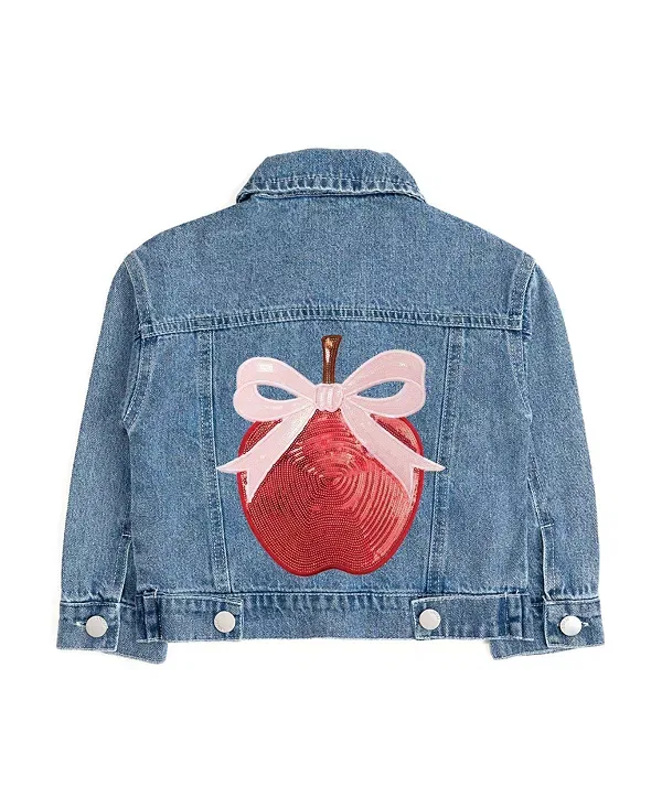 Детская куртка для девочек с длинным рукавом Apple Bow Sequin Patch Denim Jacket Sweet Wink, Denim