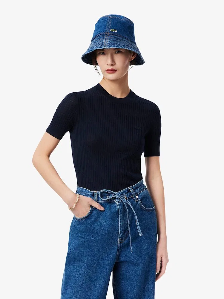 Пуловер LACOSTE из мериносовой шерсти, короткий рукав, темно-синий