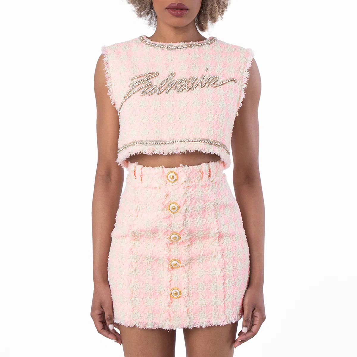 Топ-кроп из твида с кристаллами Balmain, Rose/Beige