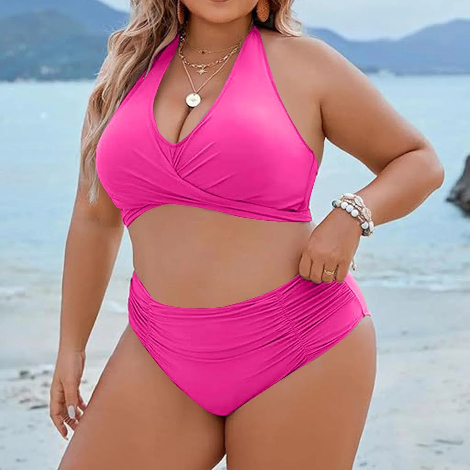 Женский бикини-комплект с высокой талией U Neck Crisscross Hot Pink — фото 4