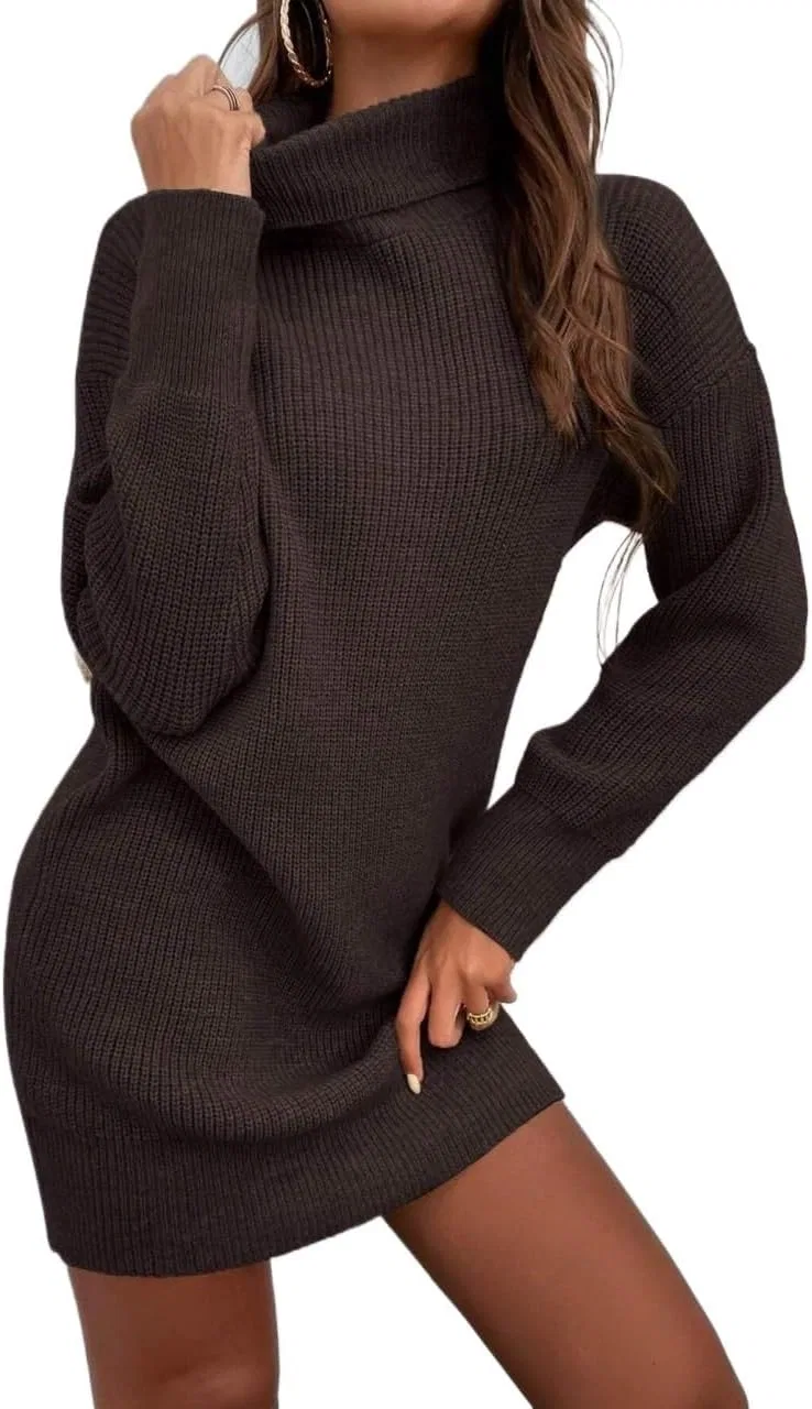 Женское короткое платье свитер с высоким воротником Casual, Chocolate Brown — фото 2