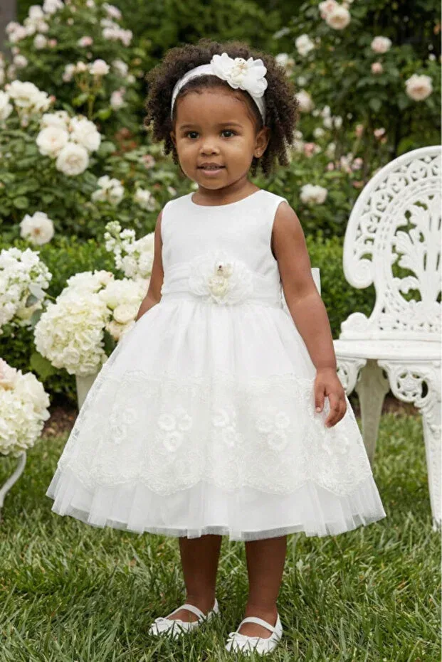 Детское платье для девочек с принтом Teddy Bear and Lace Fluffy Tulle Dress Headband Set Pamina, Ecru