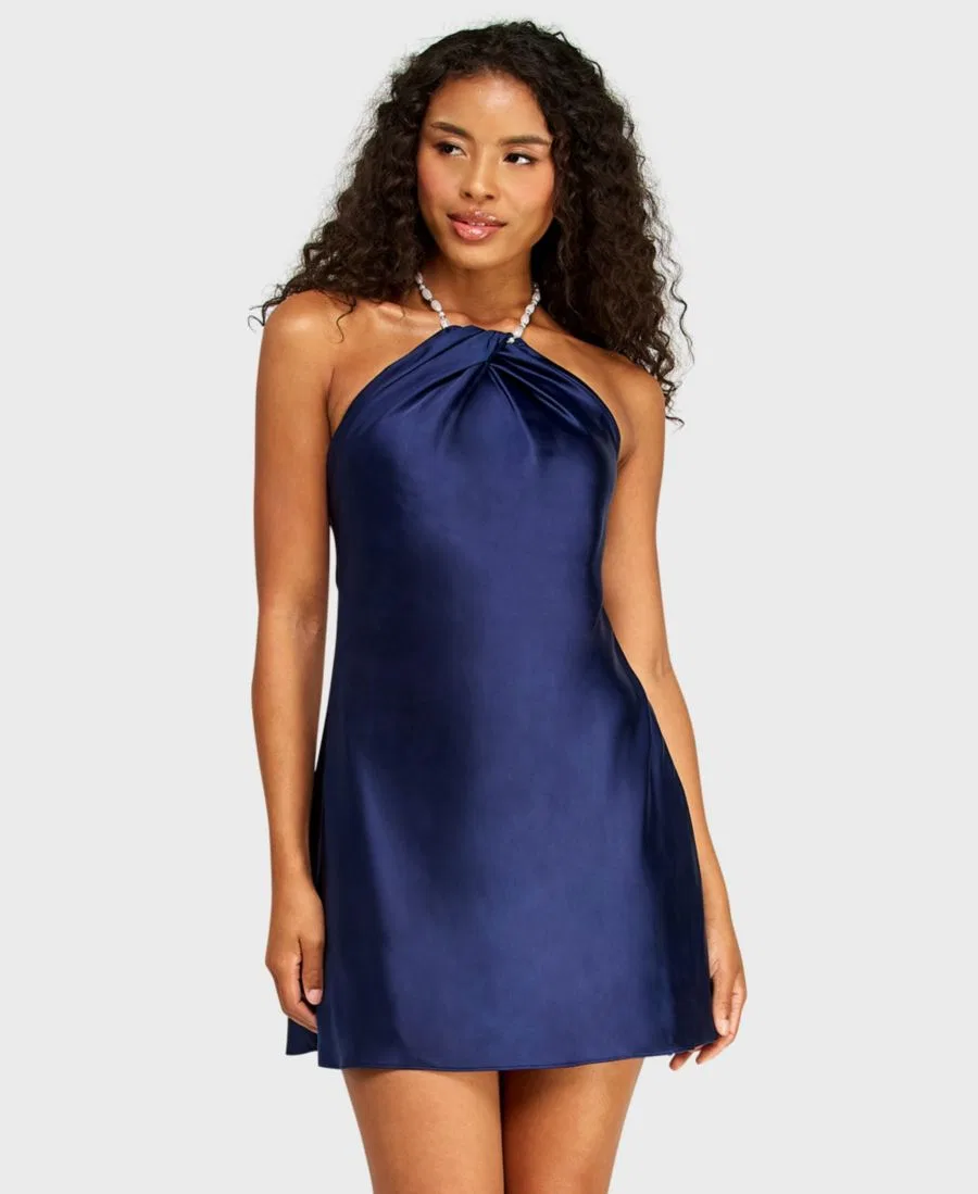 Платье-сатин с имитацией жемчуга, модель Imitation Pearl Beaded Halter Heavy Satin Dress Alex & Sophia, Navy/Ofw/Sil