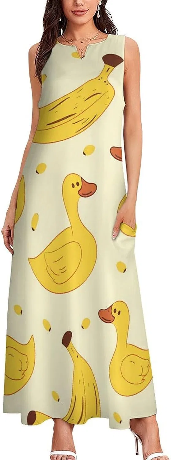 Женский летний сарафан без рукавов с карманами, Yellow Duck and Bananas, Style-3 — фото 3