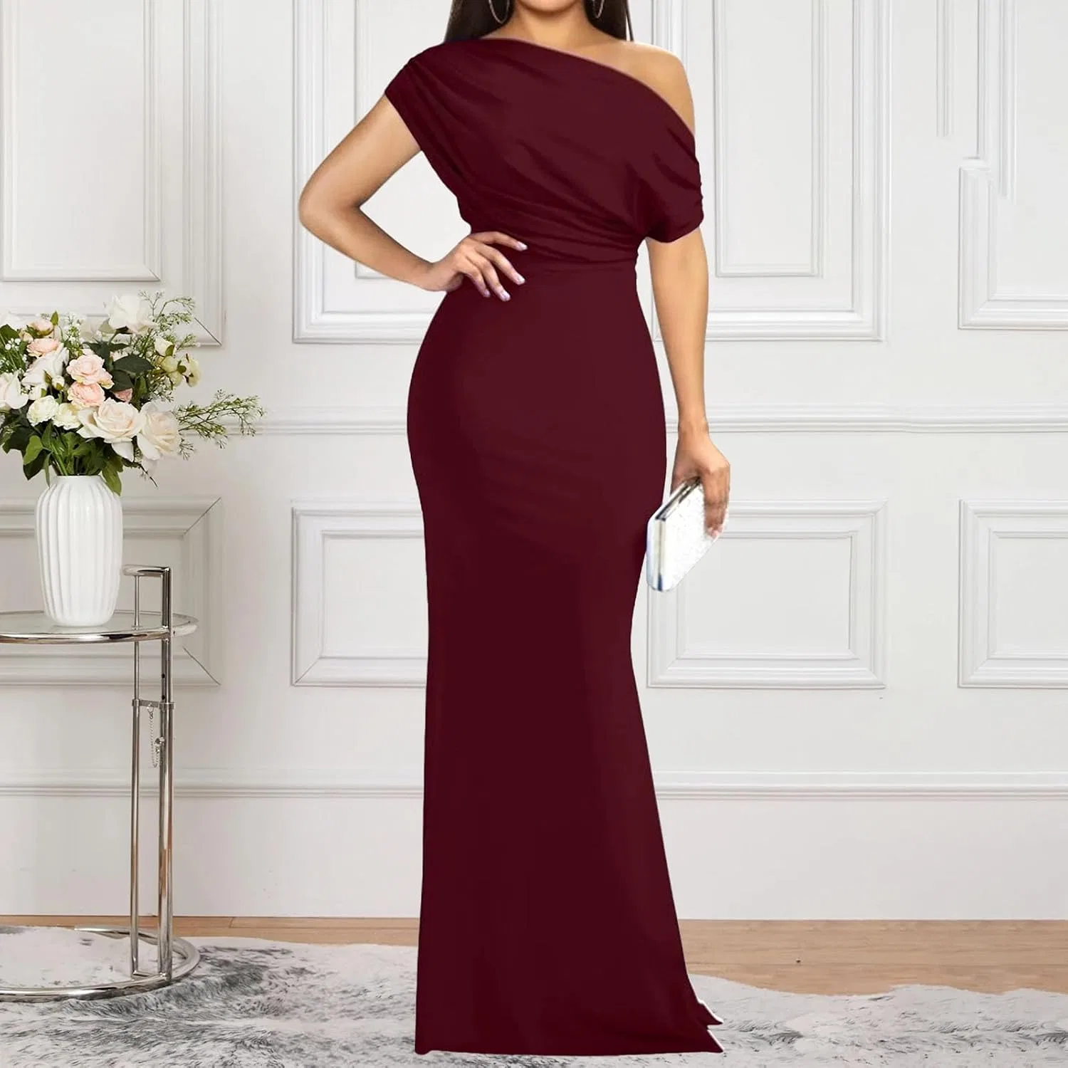 Женское вечернее платье с открытыми плечами, Wine Red — фото 3