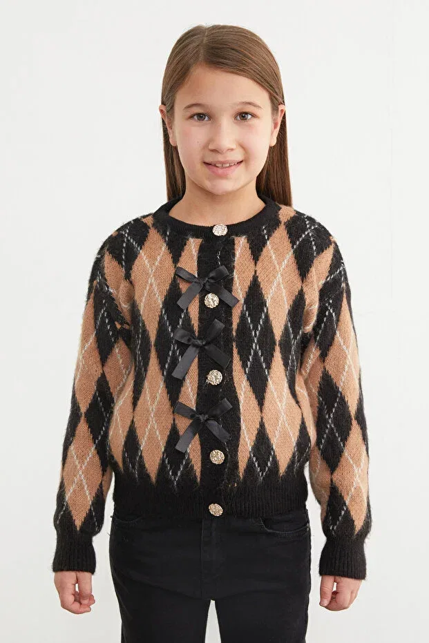Детский кардиган для девочек с принтом Baklava patterned bowknot buttoned Fulla Moda, Black