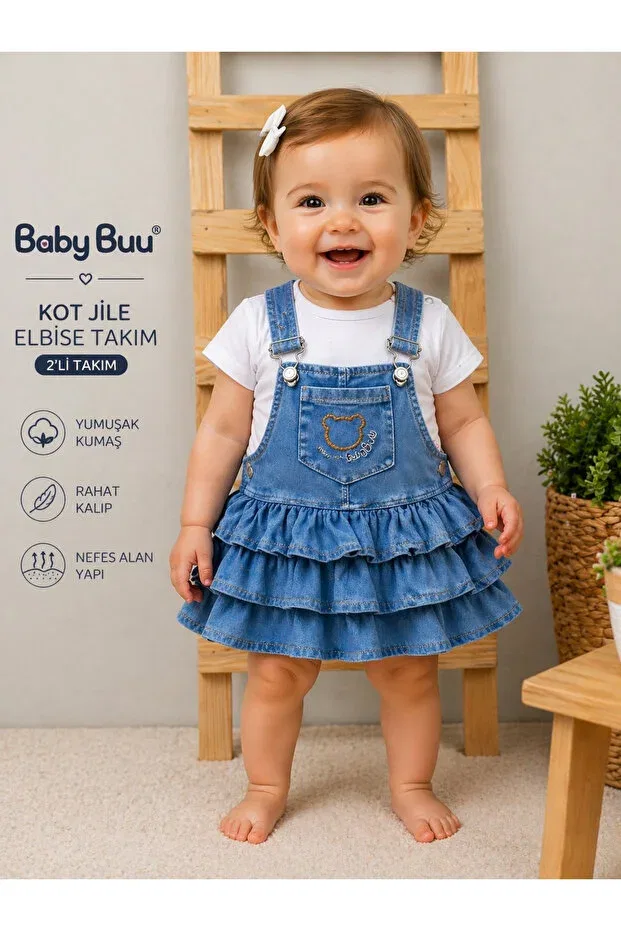 Детский комплект для девочек джинсовый с вышивкой Summer Dress Baby Buu, Navy Blue — фото 3